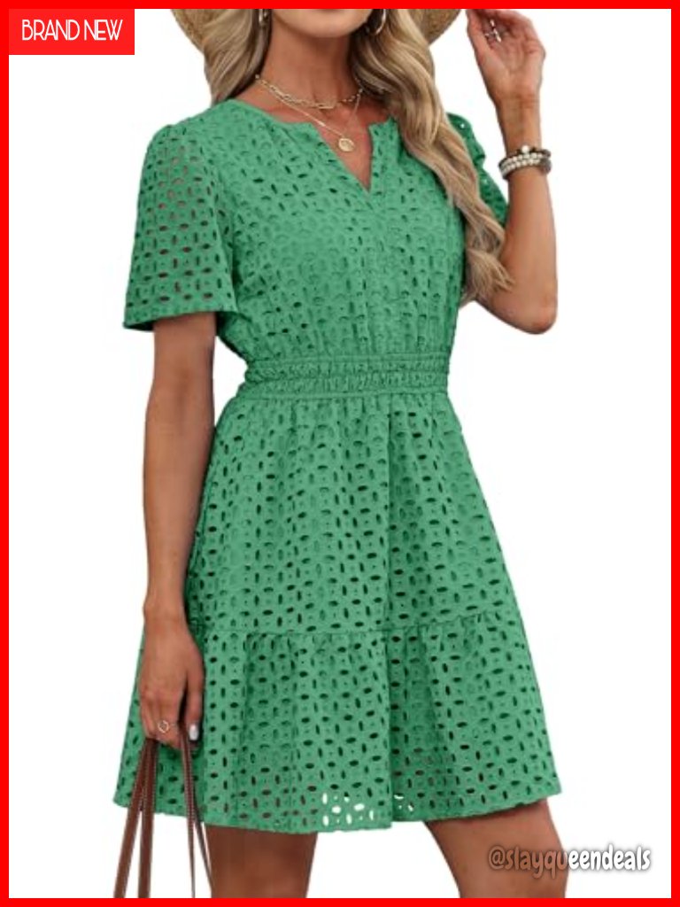 Women's Eyelet Lace A-Line Mini Dress V-Neck Short Sleeve Ruffle Hem